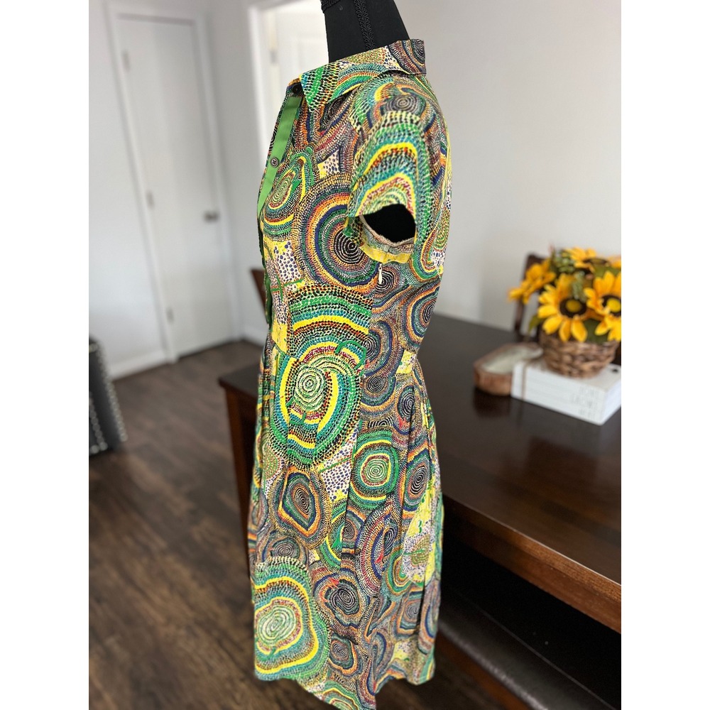 Retro swirl print Shirt Dress Mini boho green multicolour Size S - Picture 6 of 9